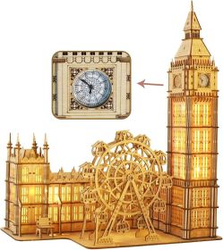Music Park 3D Puzzles Big Ben Real Clock with Night Light Wooden Model Kits for Adults to Build Ferris Wheel Craft Christmas and Birthday Gifts H
